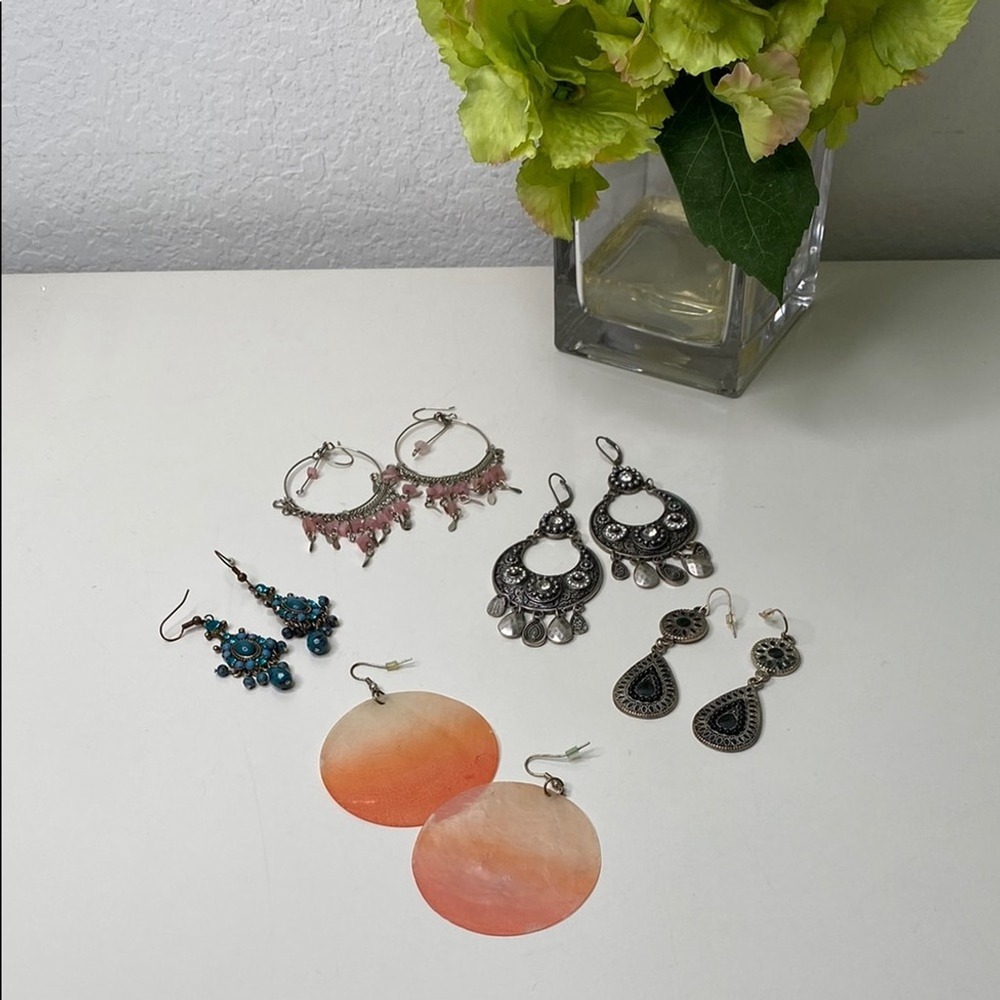 Boho Earring Lot (5 pairs) in Silver, Pink. Teal, and‎ Orange